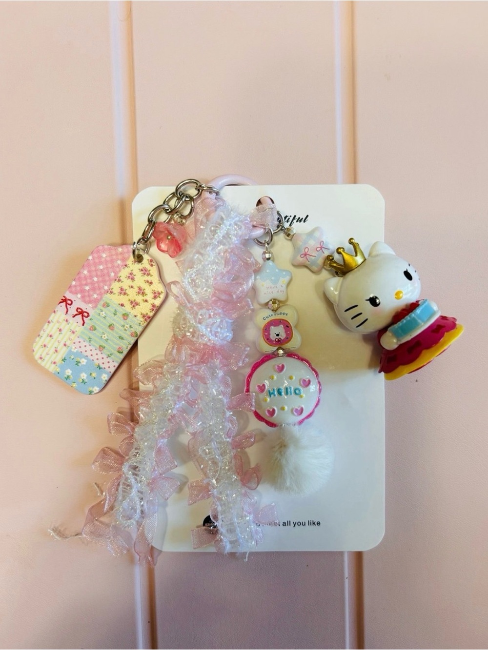 Pink Crowned Cat Plush Charm Keychain - Hello Kitty Style